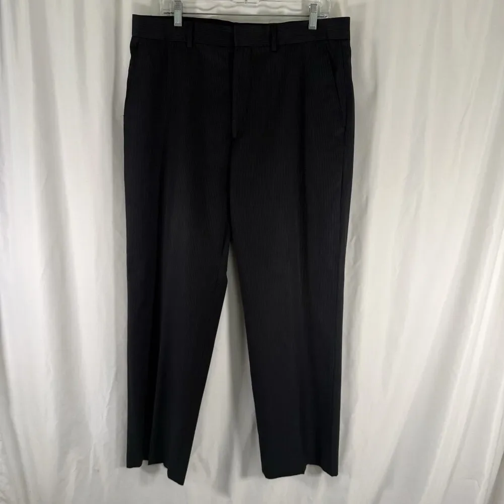 Banana Republic Wool Blend Dress Pants Men's 36x32 Black Striped Flat Front Pock